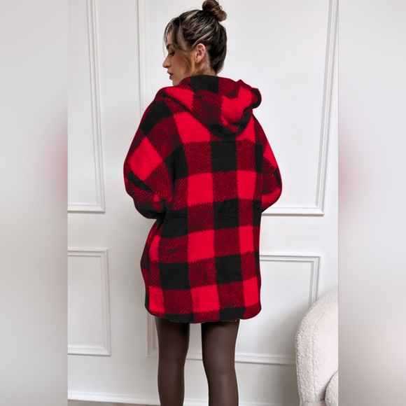 Double Take Full Size Plaid Long Sleeve Hooded Zip Up Coat NWT - Picture 2 of 3